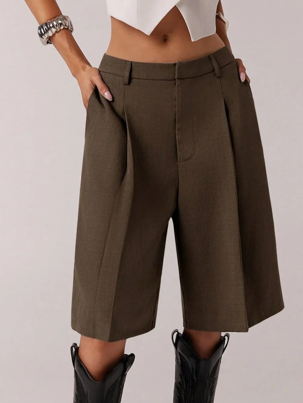 Chocolate Brown Casual Women's Minimalist Bermuda Shorts